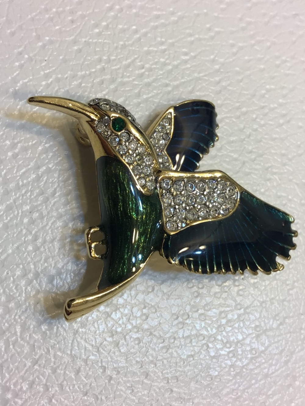 Vintage 1980s Gold Plated Enamel Hummingbird Figural Brooch Rhinestone Accents